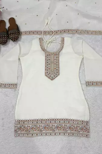 Ivory embroidered crunchy silk blend palazzo set with dupatta