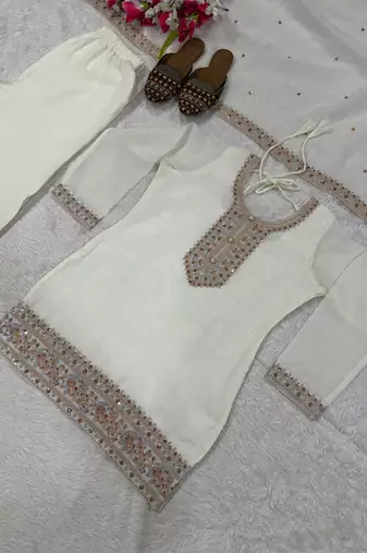 Ivory embroidered crunchy silk blend palazzo set with dupatta