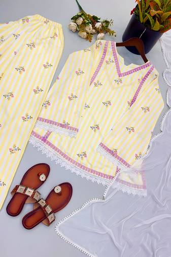 Lemon natural crepe farshi suit set with nazmin dupatta