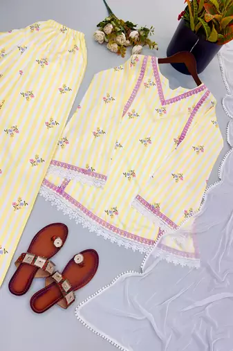 Lemon natural crepe farshi suit set with nazmin dupatta