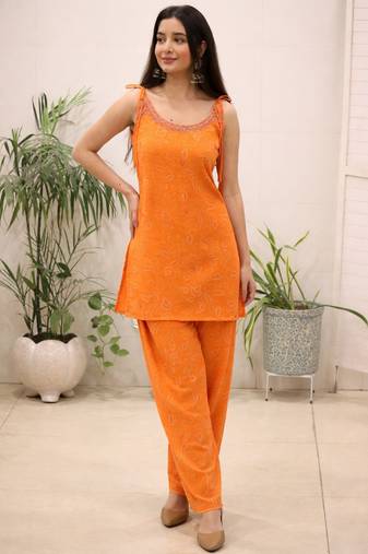 Orange mirror work kurti pant set