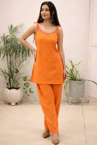 Orange mirror work kurti pant set