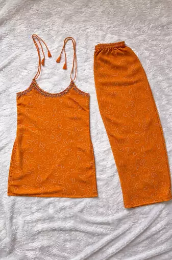 Orange mirror work kurti pant set