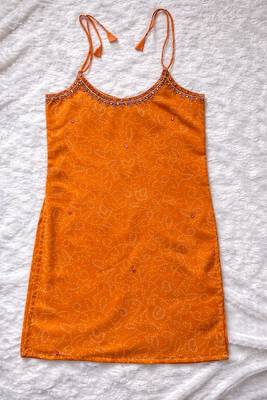 Orange mirror work kurti pant set 3