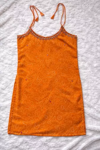 Orange mirror work kurti pant set