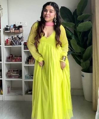 Green embroidered faux georgette gown set with dupatta 1