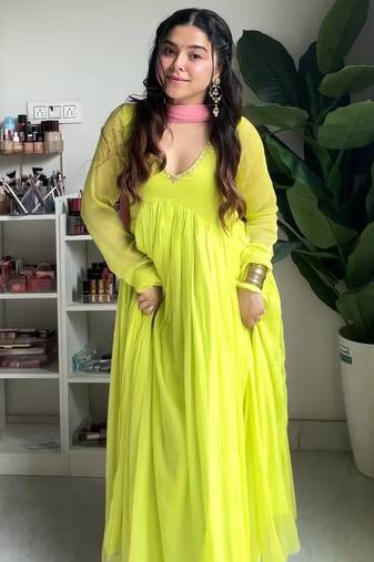 Green embroidered faux georgette gown set with dupatta