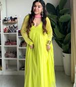 Green embroidered faux georgette gown set with dupatta