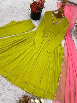Green embroidered faux georgette gown set with dupatta 2