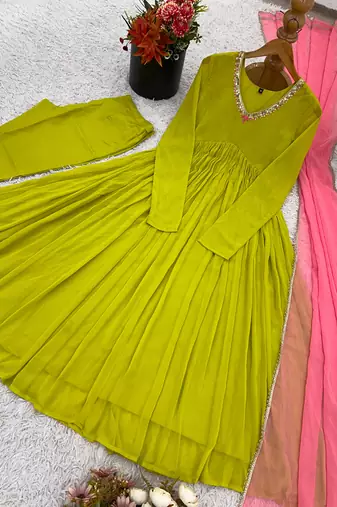 Green embroidered faux georgette gown set with dupatta