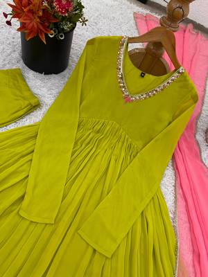 Green embroidered faux georgette gown set with dupatta 3