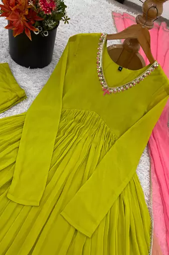 Green embroidered faux georgette gown set with dupatta