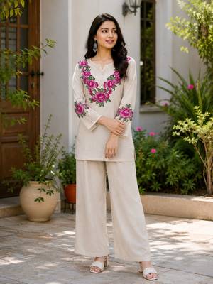 Beige jute cotton embroidered co-ord set 1