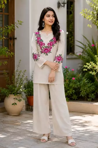 Beige jute cotton embroidered co-ord set