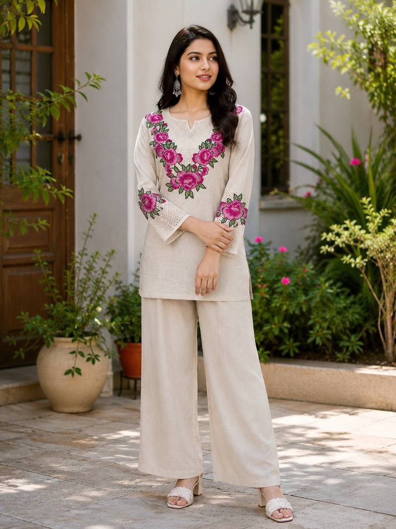 Beige jute cotton embroidered co-ord set