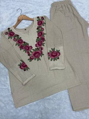 Beige jute cotton embroidered co-ord set 2