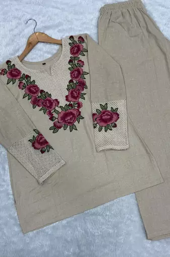 Beige jute cotton embroidered co-ord set