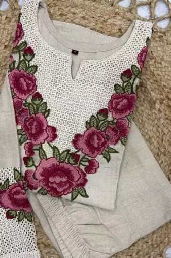 Beige jute cotton embroidered co-ord set