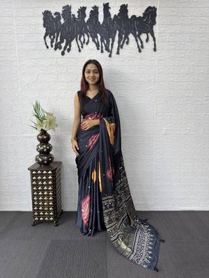 Black Color Print with Mirror Work Satin Saree 1