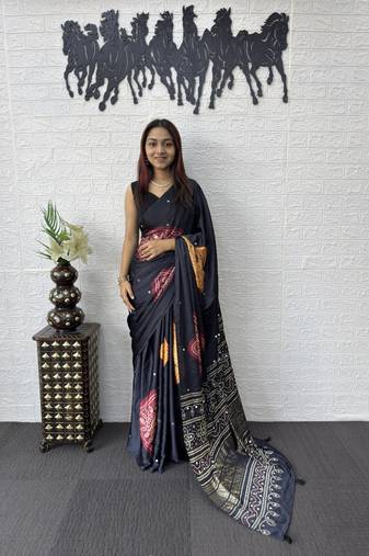 Black Print with Mirror Work Satin Saree