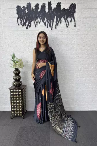Black Color Print with Mirror Work Satin Saree