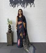 Black Color Print with Mirror Work Satin Saree
