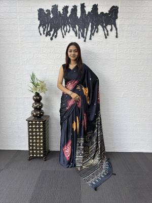 Black Color Print with Mirror Work Satin Saree 2