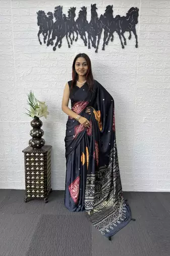 Black Color Print with Mirror Work Satin Saree