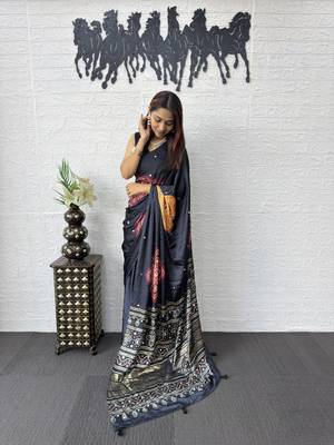 Black Color Print with Mirror Work Satin Saree 3