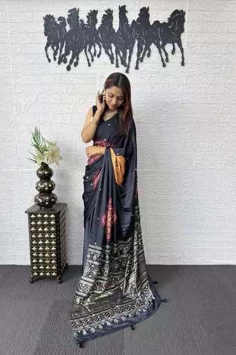 Black Color Print with Mirror Work Satin Saree