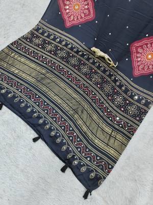 Black Color Print with Mirror Work Satin Saree 4