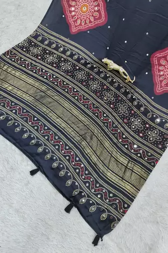 Black Color Print with Mirror Work Satin Saree