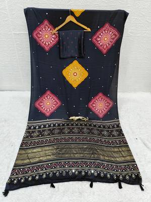 Black Color Print with Mirror Work Satin Saree 5