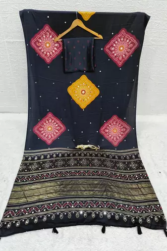 Black Color Print with Mirror Work Satin Saree
