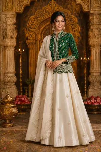 Dark Green Color Embroidery Thread & Sequence Work Simar Silk Blend Lehenga Choli Set