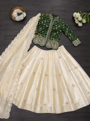 Dark Green Color Embroidery Thread & Sequence Work Simar Silk Blend Lehenga Choli Set 5
