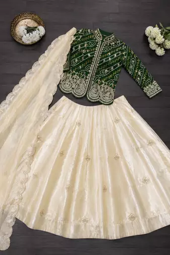 Dark Green Color Embroidery Thread & Sequence Work Simar Silk Blend Lehenga Choli Set