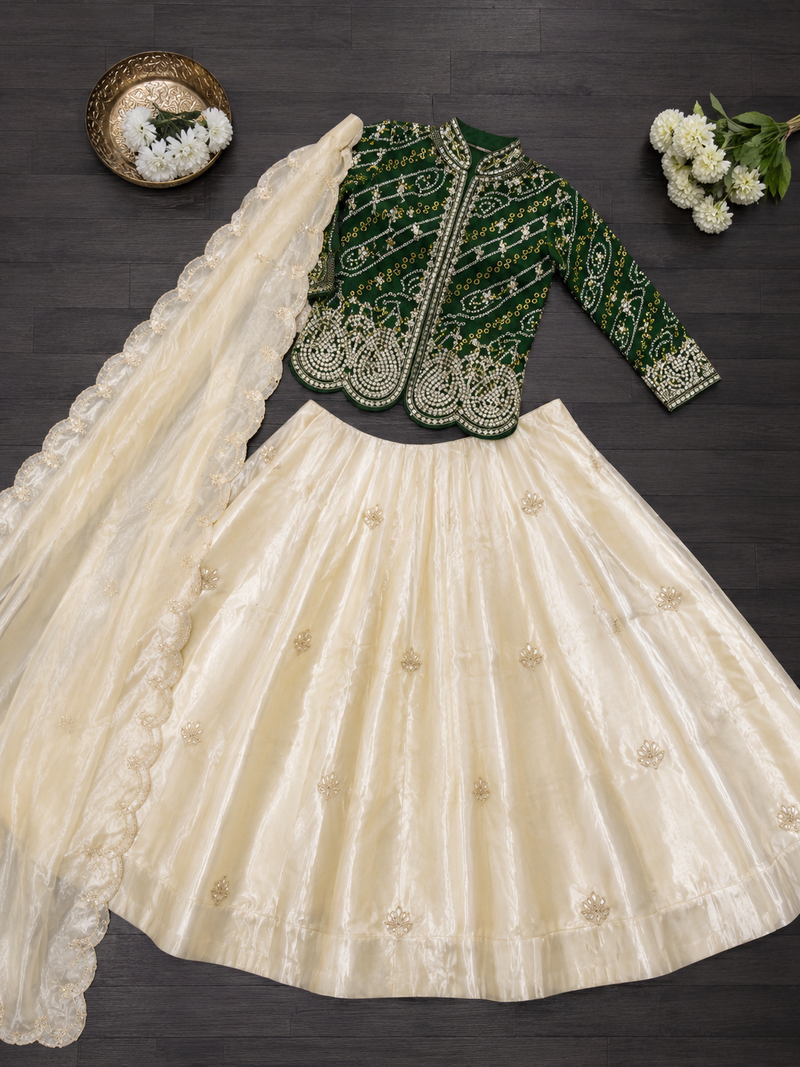 Dark Green Color Embroidery Thread & Sequence Work Simar Silk Blend Lehenga Choli Set