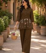 Brown cotton blend embroidered tunic and palazzo co-ord set