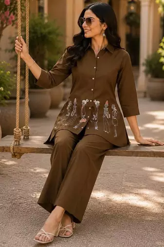 Brown cotton blend embroidered tunic and palazzo co-ord set