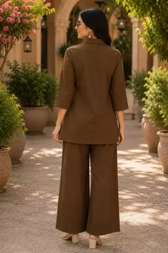 Brown cotton blend embroidered tunic and palazzo co-ord set