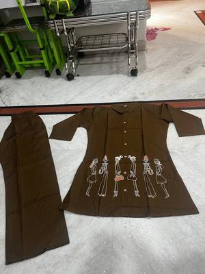Brown cotton blend embroidered tunic and palazzo co-ord set 4