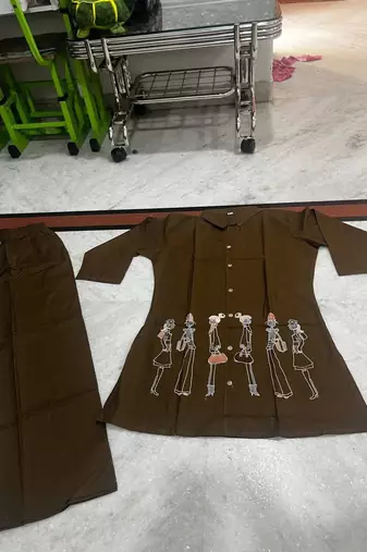 Brown cotton blend embroidered tunic and palazzo co-ord set