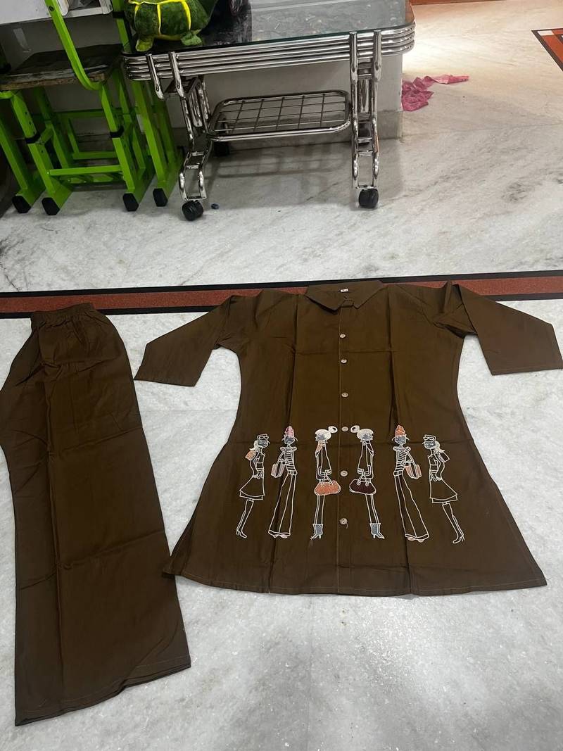 Brown cotton blend embroidered tunic and palazzo co-ord set