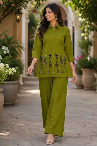 Green cotton blend embroidered tunic and palazzo co-ord set