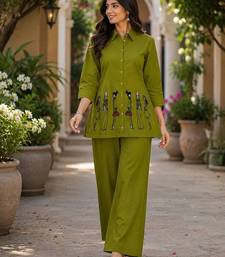 Green cotton blend embroidered tunic and palazzo co-ord set