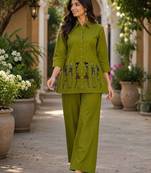 Green cotton blend embroidered tunic and palazzo co-ord set