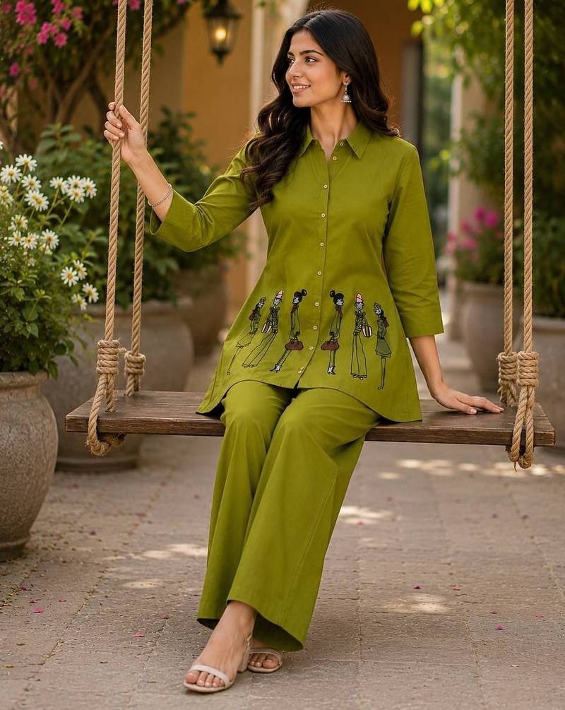 Green cotton blend embroidered tunic and palazzo co-ord set