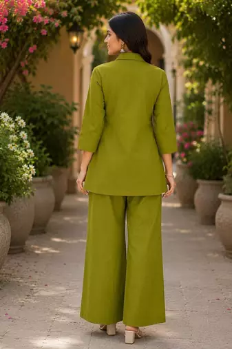 Green cotton blend embroidered tunic and palazzo co-ord set