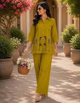 Mustard cotton blend embroidered tunic and palazzo co-ord set 1
